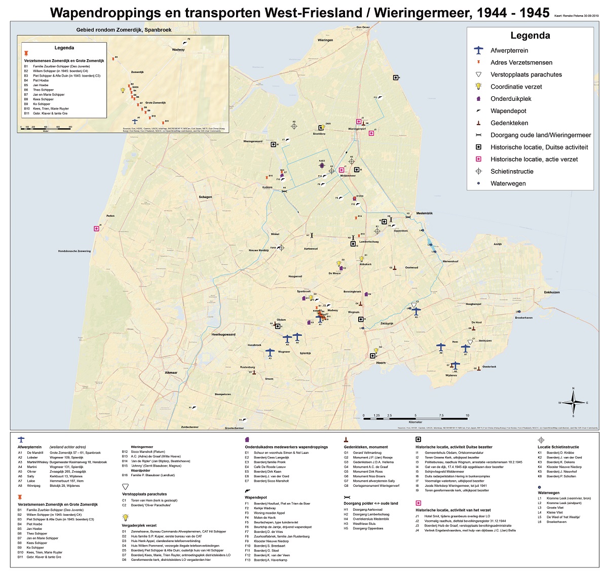Overzichtskaart Wapendroppings en -transporten West-Friesland en Wieringermeer, 1944 - 1945